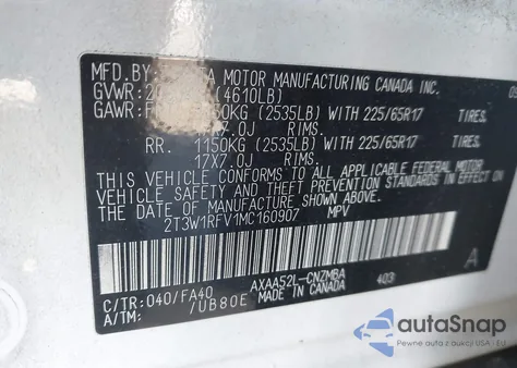 2021 Toyota Rav4 Xle z USA, uszkodzony, nr VIN 2T3W1RFV1MC160907